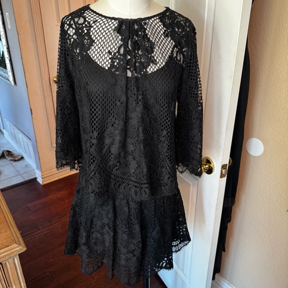 Alexis Black floral Lace dress two peice set with flare mid length sleeves goth